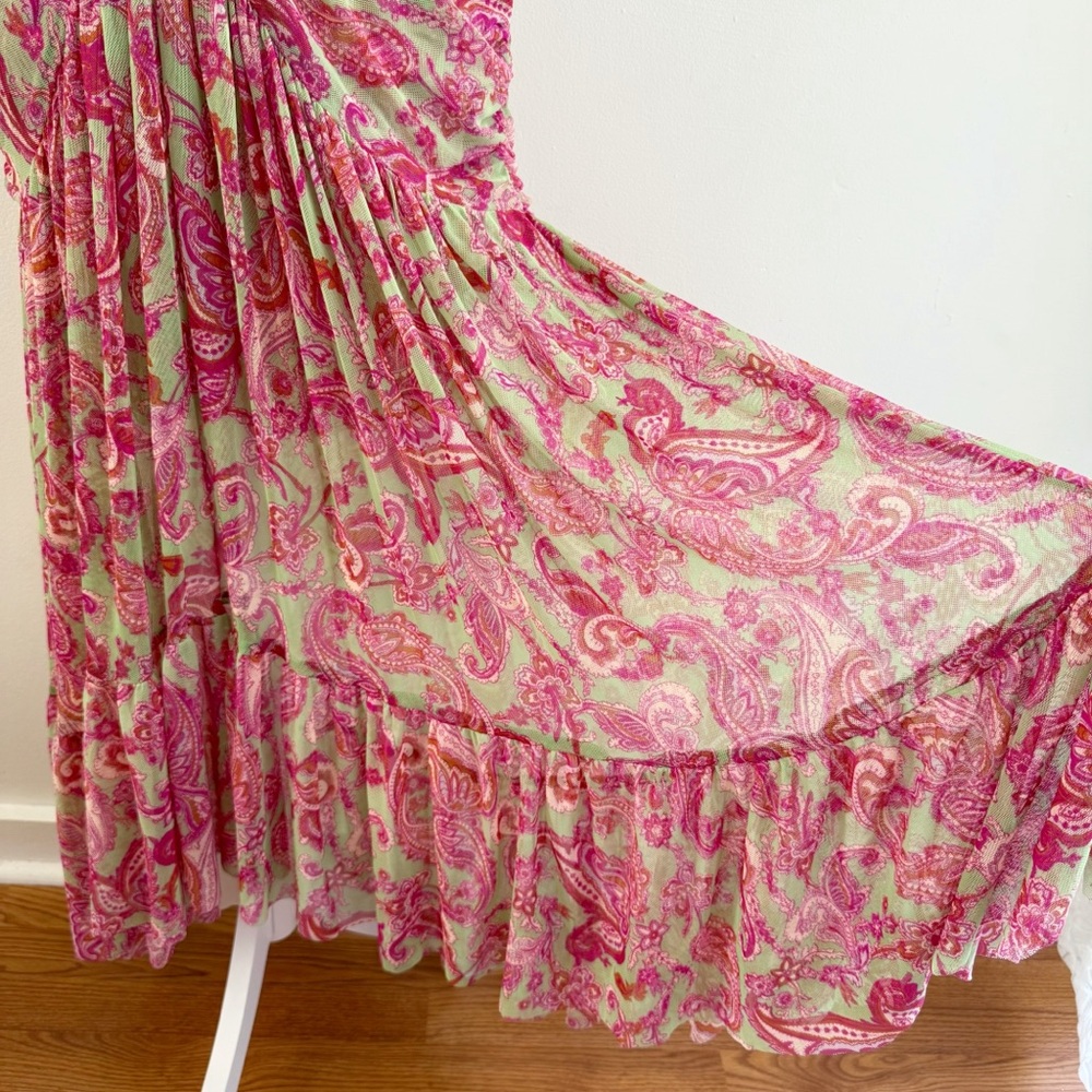 MISA PINK GREEN VINTAGE PAISLEY PRINT AVA MESH TWIST FRONT SLEEVELESS MIDI DRESS - Picture 8 of 14